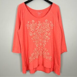 Anthropologie Caite Embroidered Tunic Top Women’s Size 1X Slub Knit Floral Boho